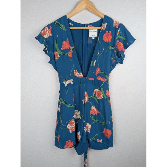 Privacy Please Romper Womens Small Blue Floral V Neck - Picture 1 of 10